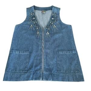 Cactus Southwestern Denim Vest Womens Size Medium Rhinestones Floral Embroidery